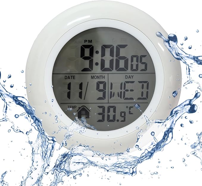 Digital Bathroom Waterproof Clock, Indoor White Wall Clock with Suction Cup, Plastic Frame, Flexible Choice for Hanging Or Standing, Modern Silent Small Wall Clock for Living Room and Kitchen