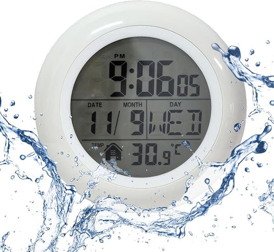 Digital Bathroom Waterproof Clock, Indoor White Wall Clock with Suction Cup, Plastic Frame, Flexible Choice for Hanging Or Standing, Modern Silent Small Wall Clock for Living Room and Kitchen