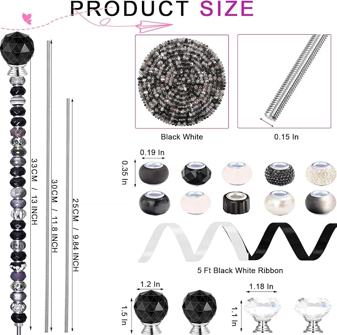 119 Pcs Garden Stake DIY Fairy Wand Plant Stake with Black White Large Hole Beads Crystal Diamond Stopper Top 4 Stainless Steel Threaded Rod Beaded Garden Stakes for Outdoor Indoor Yard Decorations
