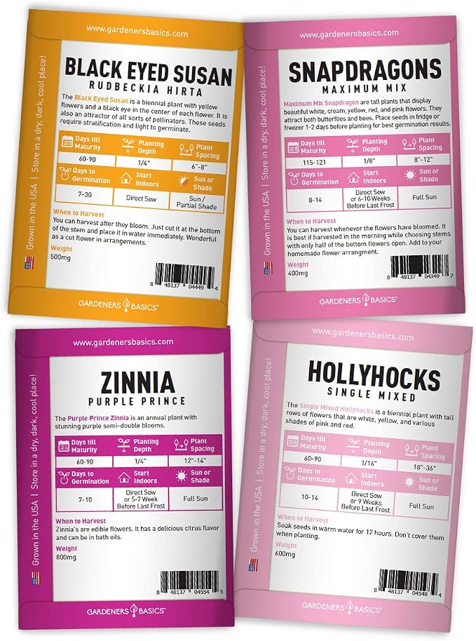 Gardeners Basics, Butterfly Seeds for Planting Outdoors Flower Seeds (8 Variety Pack) Milkweed, Aster, Zinnia, Hollyhock, Snapdragons, Echinacea, Phlox, Black Eyed Susan Pollinators Wildflower Seed