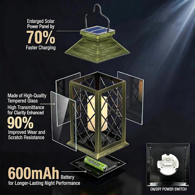 Solar Lanterns Outdoor Waterproof, 2 Pack 14'' Large Tempered Glass Outdoor Lanterns with Flameless Candle, Solar Hanging Lantern Decorative for Patio Porch Garden Table Deck Outside - Bronze