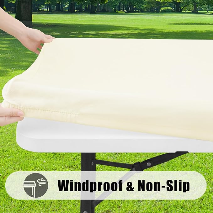 Smiry 6 Pack Rectangle Picnic Table Cloth, Waterproof Elastic Fitted Tablecloths, Washable Polyester Rectangular Patio Table Cover for Camping, Indoor and Outdoor (Beige, 30"x72")