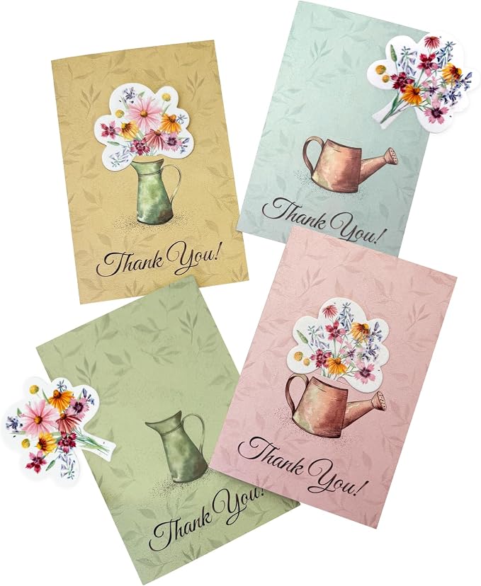 Thank You Cards – 4 Plantable Bouquet Inserts with Wildflower Seeds, 4 Greeting Cards & Envelopes for Weddings, Baby Showers, Teachers, Friends, Business, and Everyday Gratitude