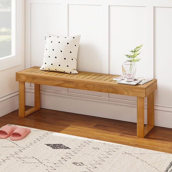 HAPPYGRILL Outdoor Acacia Wood Bench for 3-Person Patio Backless Farmhouse Bench with Slatted Seat, 800 LBS Heavy Duty Dining Bench for Entryway Porch Dining Room (1)