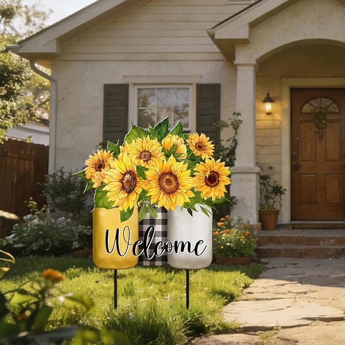 MorningRo Sunflower Outdoor Decor 26" Metal Summer Welcome Yard Sign Outdoor Garden Yard Stakes for Outside Garden Lawn Patio Backyard Porch Decorations
