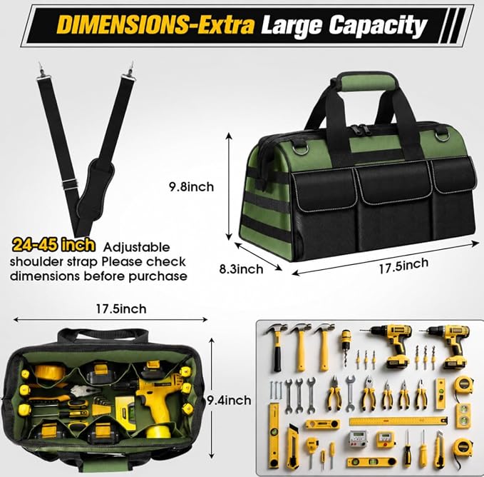 18-Inch Heavy Duty Tool Bag, 19-Pockets Tool Box Organizer, Portable Toolbag W/Soft Handle for Organized Storage, Mechanic Gifts for Men Dad Husband Fathers Day, Wide Mouth Electrician Toolbox, Green