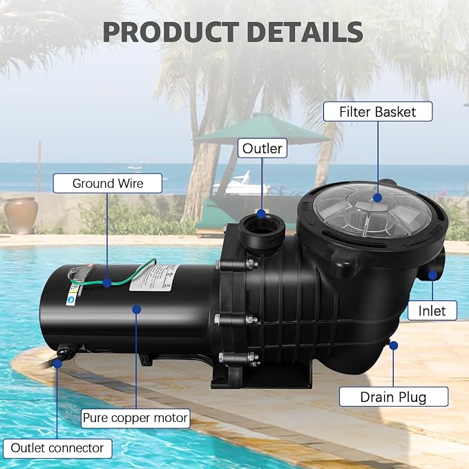 Inground and Above Ground Pool Water Pump,2.0HP Swimming Pool Pump, Dual Voltage 110-120V/220-240V 1500W High Flow Pool Pump with Strainer Basket