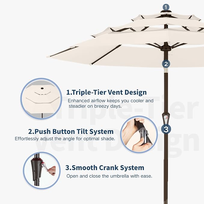 10FT Patio Umbrella 3 Tiers Outdoor Market Umbrella w/Push Button Tilt, Crank, UV and Waterproof Table Umbrella for Garden, Pool, Backyard, Deck, Lawn, Creamy White