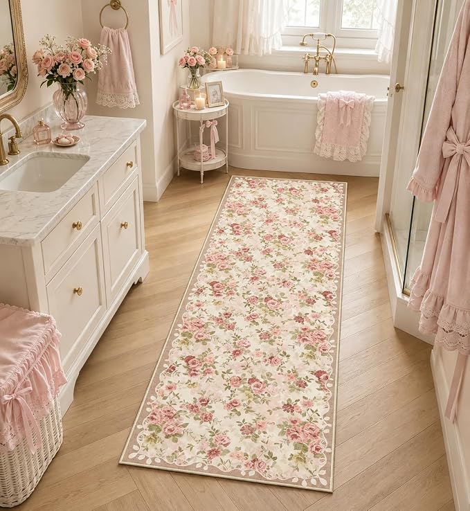 Lahome Floral Pink Bathroom Rug Runners for Hallways Non Slip, 2x6 Washable Kitchen Runner Rug, Soft Boho Throw Carpet for Girls Bedside Bedroom Laundry Nina Beige/Pink/Multi