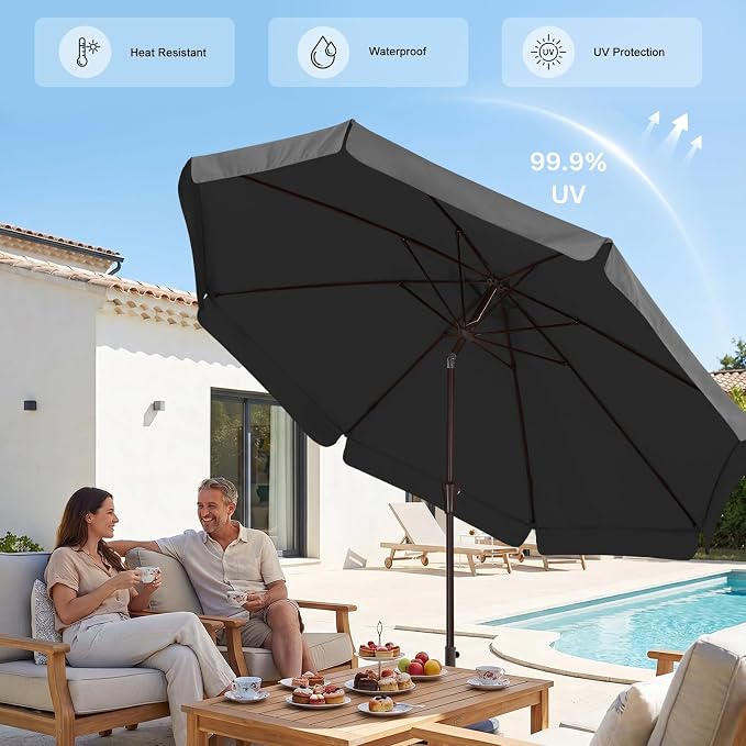 ABCCANOPY 9ft Scalloped Patio Umbrella, Outdoor Table Umbrella with Tilt and Crank, Fiberglass Ribs Deck Umbrella for Patio, Pool, Garden, Picnic (Deep Gray)