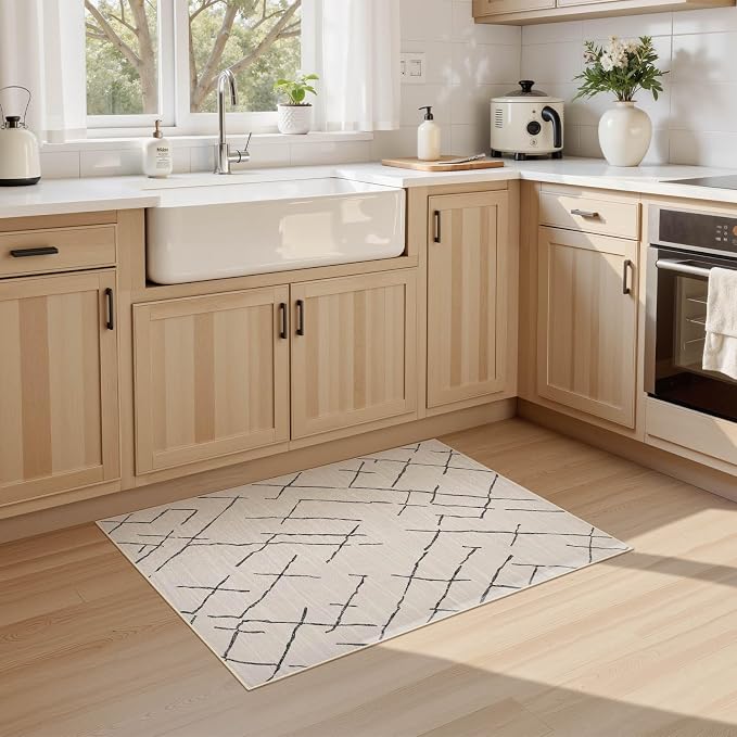 kakania Washable 2x3 Area Rug for Entryway: Boho Geometry Home Decor Rug | Soft Stain Resistant, Low-Pile, Non-Slip, Pet & Kid Friendly, Thin Carpet for Hallway/Kitchen/Bathroom - Beige