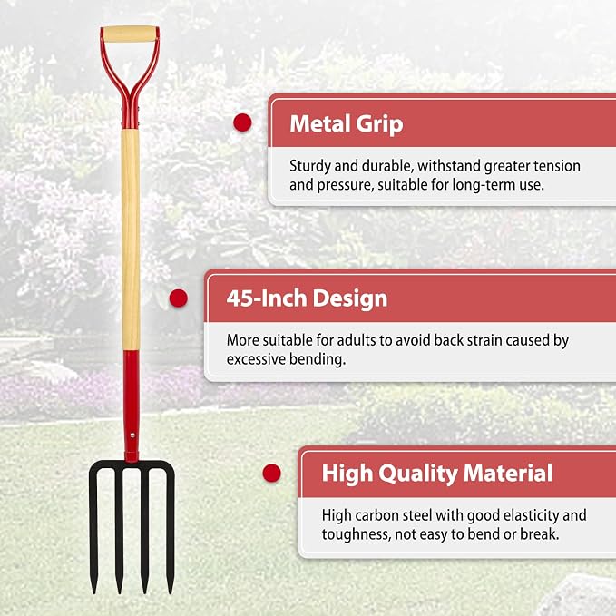 Heavy Duty Garden Fork for Digging, 4 Tines Pitch Fork for Gardening Compost, Garden Pitch Fork with Wooden Handle, 45 Inches