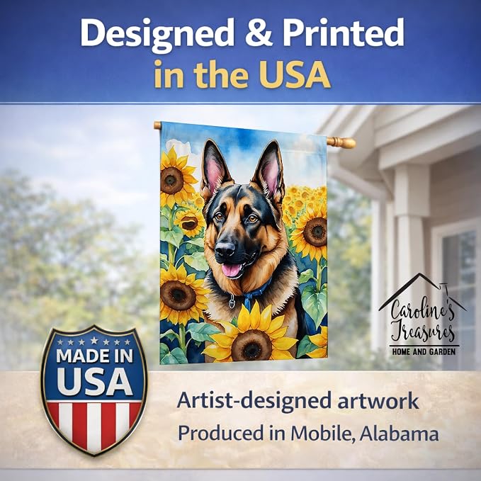 Caroline's Treasures DAC6084CHF German Shepherd in Sunflowers House Flag Large Porch Sleeve Pole Decorative Outside Yard Banner Artwork Wall Hanging, Polyester, House Size, Multicolor