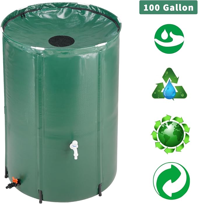 100 Gallon Collapsible Rain Barrel, Portable Rainwater Collection System, Water Storage Tank, Rain Catcher Barrel with Two Spigots and Overflow Kit, Rain Water Barrel Collector for Garden, Green