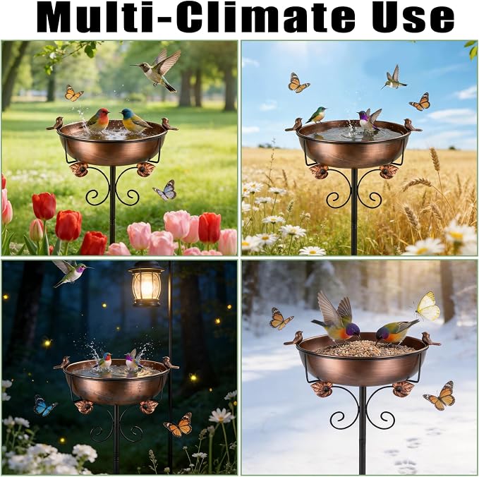Bird Bath for Outside, 27.6" H Standing Bird Feeder Bowl with 11.8" Wide Basin, 1-Tier Metal & Copper Garden Bird Bath and Feeder for Yard Patio Backyard Lawn Flower Bed Outdoor Garden Decor