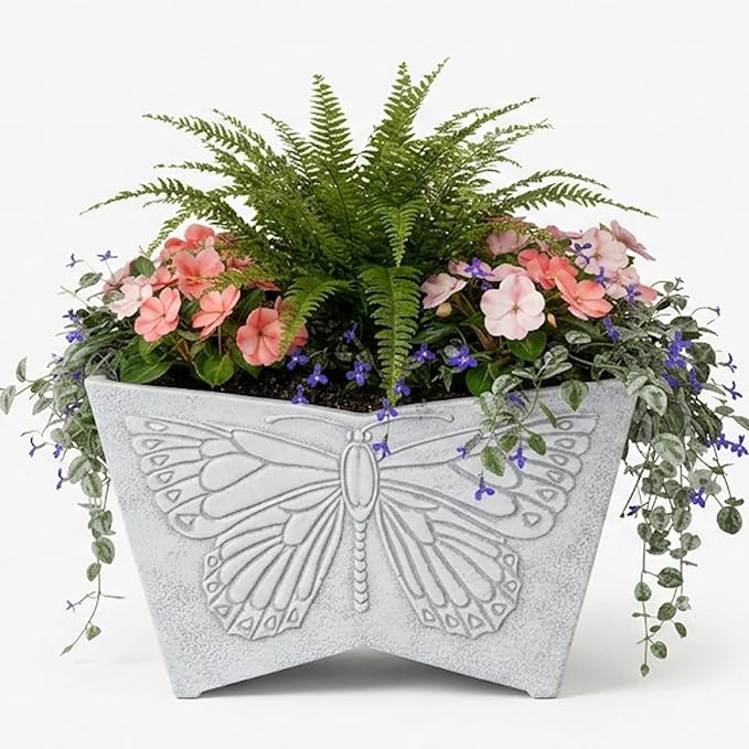 GreenShip 16 Inch Large Resin Flower Pots, Resin Planter Pot with Drainage Hole, Vintage Butterfly Embossed Decorative Garden Pot, Weather-Resistant for Porch, Patio, Indoor Use, Light Grey