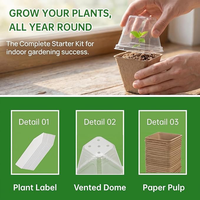50-Set Seed Starter Kit (150 PCS Total), 3" Square Biodegradable Peat Pots with 50 Humidity Domes & 50 Labels, Nursery Pots for Fall Garden & Indoor Herb Seedlings Germination