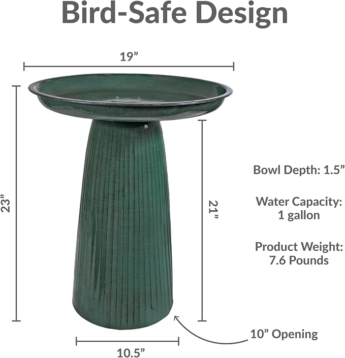 Sunnydaze Gleeful Garden 23" Iron Pedestal Bird Bath for Outside - Modern Shallow Basin Birdbath for Outdoors with UV-Protected Rust-Resistant Finish for Patio, Garden, Yard Decor - Green Glaze