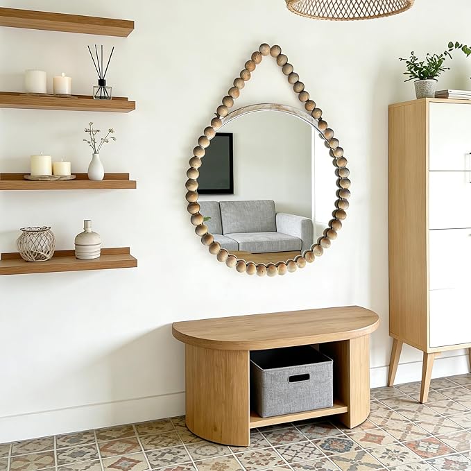 POZINO Wood Round Mirror, 28" Rustic Farmhouse Wall Hanging Mirror with Wooden Beaded Frame, Boho Circle Mirror for Entryway Bathroom Bedroom Living Room Hallway Fireplace