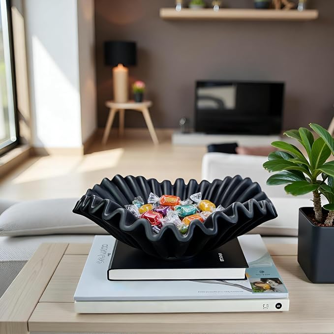 Large Decorative Handmade Bowl Decor, Modern Home Decoration, Fan Shaped Bowl, Ruffle Decor, Stylish Key Bowl for Entry Table, Decorative Fruit Bowl for Kitchen Counter, Black
