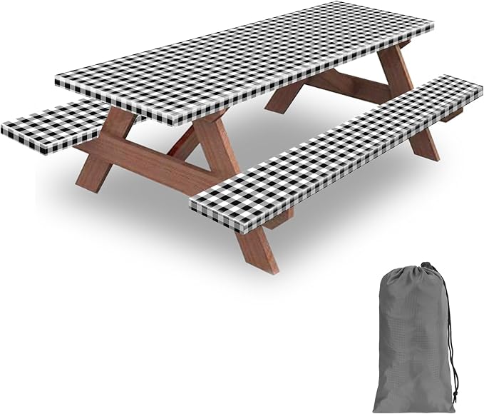 8ft Picnic Table and Bench Cover, Camping Essentials RV Gear, 96 in Waterproof Windproof Outdoor Elastic All Around Tablecloth, Fitted Rectangle Tables and Seats, Black-White Checkered