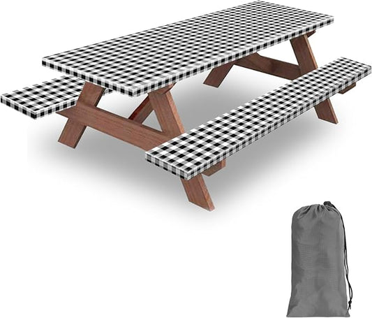 8ft Picnic Table and Bench Cover, Camping Essentials RV Gear, 96 in Waterproof Windproof Outdoor Elastic All Around Tablecloth, Fitted Rectangle Tables and Seats, Black-White Checkered