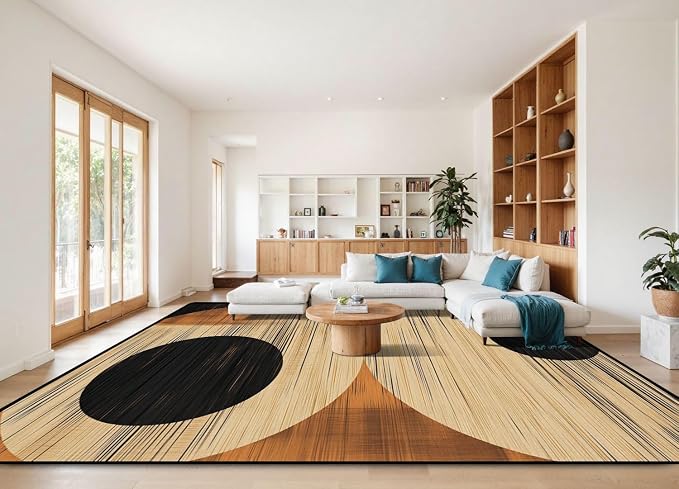 10x14 Area Rugs for Living Room Mid Century Boho Modern Geometric Black Brown Bohemian Abstract Half Washable Large Area Rug for Bedroom Non Slip Outdoor Carpets Soft Mats Kitchen Home Office Decor