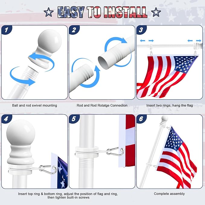House Flag Pole, REERON 5 FT Metal Spinning Flag Poles Kit, 1" Tangle Free Stainless Steel Flagpole with 360° Flagpole Ring for Outside House Porch Residential Wall Mount for 3x5 Flag, Without Bracket