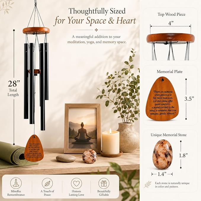 Memorial Wind Chimes for Loss of Loved One - 28 in. Sympathy Wind Chime Gift with Keepsake Stone & Message Card, Calming Tone, Wood Mute Damper, Garden Porch Patio Decor for Outside