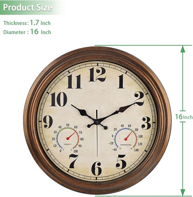 45MinST 16 Inch Bronze Vintage Large Indoor/Outdoor Waterproof Wall Clock with Thermometer & Hygrometer, Silent Non-Ticking Quartz Timepiece for Home, Porch, Garden,Pool