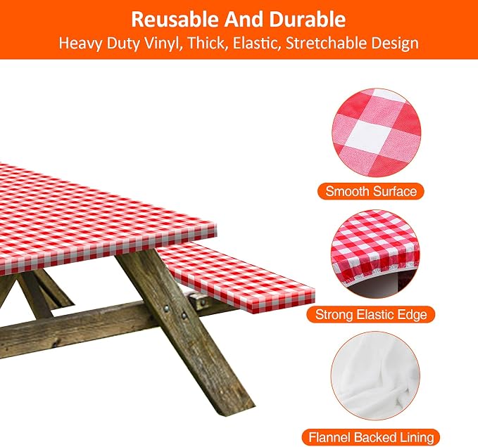 8ft Picnic Table and Bench Cover, Camping Essentials RV Gear, 96 in Waterproof Windproof Outdoor Elastic All Around Tablecloth, Fitted Rectangle Tables and Seats, Red-White Checkered