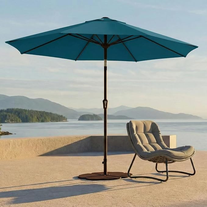 Kingdura 10FT Outdoor Patio Umbrella, Round Market Table Umbrella with Push‑Button Tilt and Crank Lift, 8 Sturdy Metal Ribs, UV50+ Protection Canopy for Backyard, Lawn, Deck, Poolside, Garden (Lake blue)