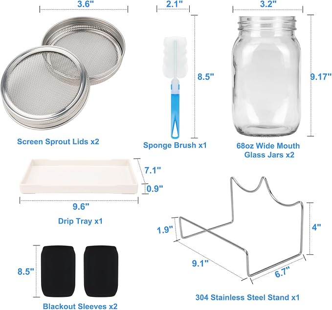  [Large Size] 68oz Sprouting Kit, 2 Sprouting Jar Kits, Wide Mouth Jars with Stainless Steel Screen Sprout Lid, 2000ml Sprouts Growing Kit, Seed Sprouter Set for Growing Broccoli, Bean, Alfalfa ﻿
