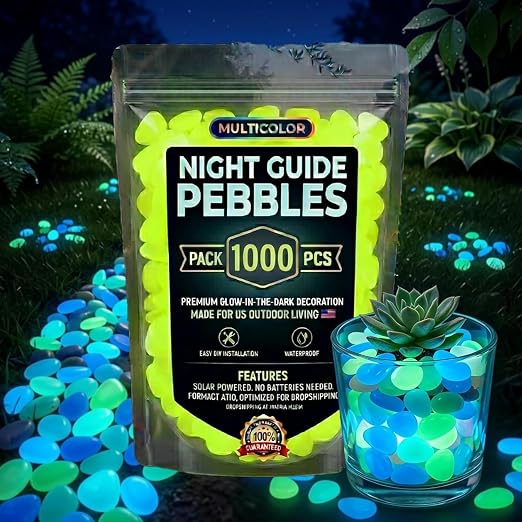 Glow Colorful in the Dark Garden Rocks – Night Guide Stones for Yard, Walkways, Fish Tanks & Landscaping, Luminous Outdoor Decorative Pebbles for Aquarium, Pathway, and Garden Decor (1000, Yellow)