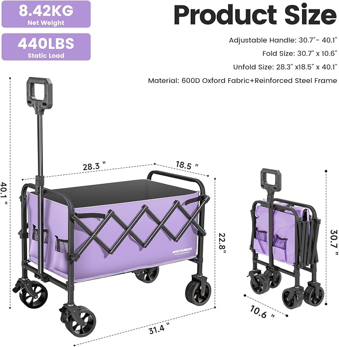 Collapsible Folding Wagon Cart, Heavy Duty Utility Wagons with Wheels,Portable Utility Cart for Camping,Garden,Beach,Sports Purple