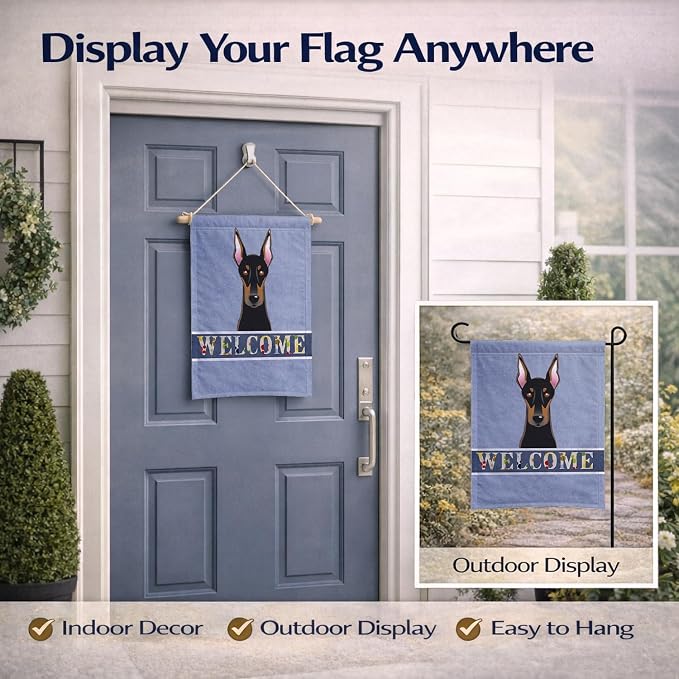 Caroline's Treasures BB1431GF Doberman Welcome Garden Flag, Blue Mailbox Flag Decorative Yard Flag Banner Outside Patio Artwork Yard Flower Beds, Garden Size, Multicolor