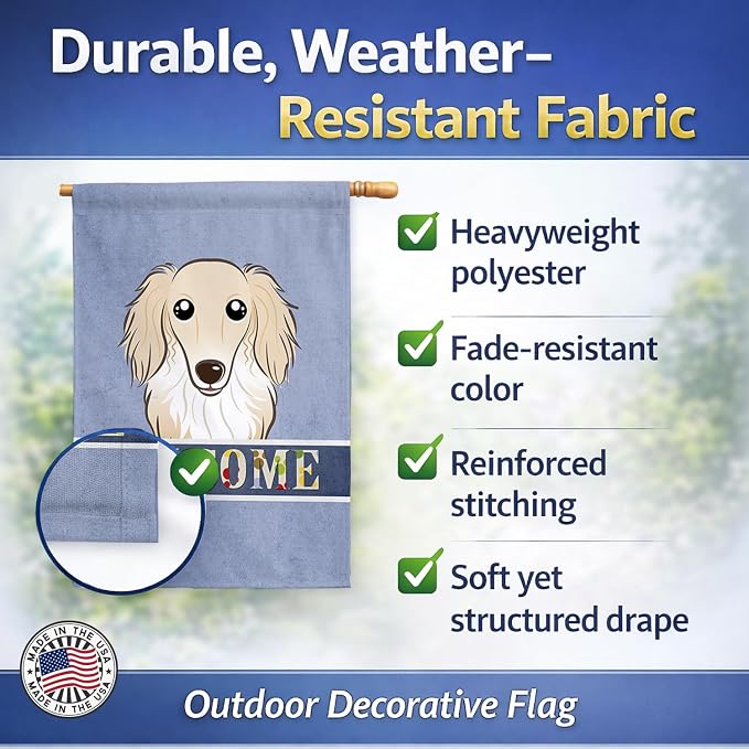 Caroline's Treasures BB1398CHF Longhair Creme Dachshund Welcome House Flag, Blue Large Porch Sleeve Pole Decorative Outside Yard Banner Artwork Wall Hanging, Polyester, House Size, Multicolor