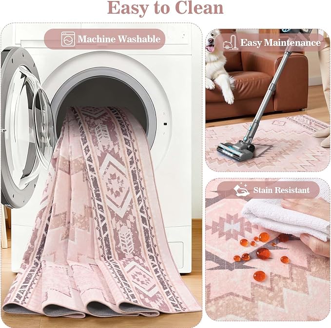 Yinhua Pink Rug for Bedroom, Western 5x7 Rugs for Living Room | Moroccan Washable Area Rug Low-Pile, Soft Aztec Rugs Non-Slip, Non-Shedding Carpet for Dining Table Office Nursery