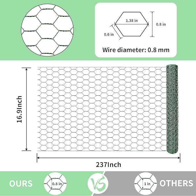 Chicken Wire 16.9 in x 237 in Poultry Wire Netting Hexagonal Galvanized Mesh Garden Fence Barrier for Pet Rabbit Chicken Fencing(PVC-Coated)