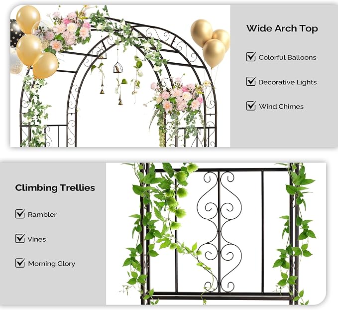 Outvita Garden Arch Arbor, Heavy Duty Metal Arbour Archway, Decorative Frame Stand Trellis for Wedding Ceremony Party Plant Climbing Rose Vines Lawn Courtyard Patio Bronze