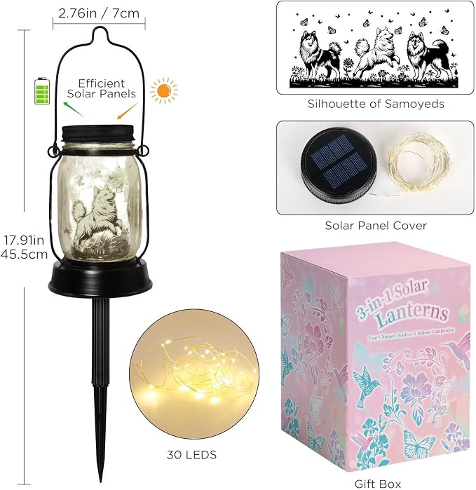 kyoryuger Samoyed Gifts for Women/Men Samoyed Dog Solar Lanterns Mom Birthday Dog Lovers Lantern Pet Loss Pet Memorial Lights Solar Garden Decoration for Yard, Patio,Backyard,Porch Torches