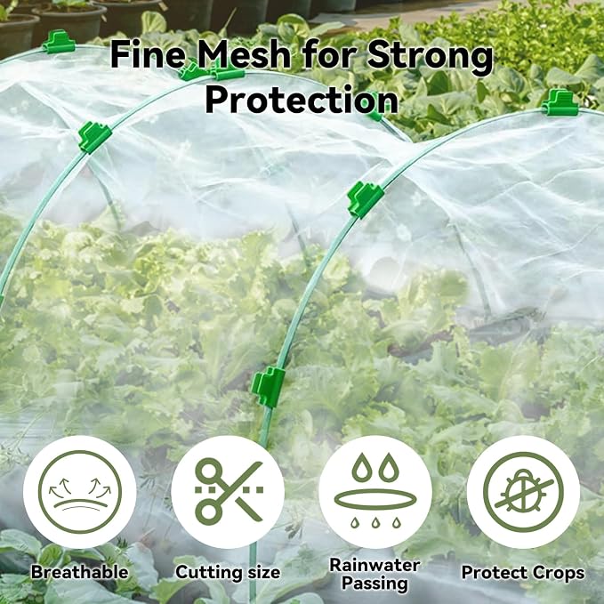 Garden Mesh Netting Kit for Raised Beds, 10 * 30 FT Ultra Fine Plant Netting Covers with 6 Pcs Wide Garden Hoops & 12 Clips, 8 Ground Stakes Protect Greenhouse Fruit Vegetable Flowers from Birds Bugs
