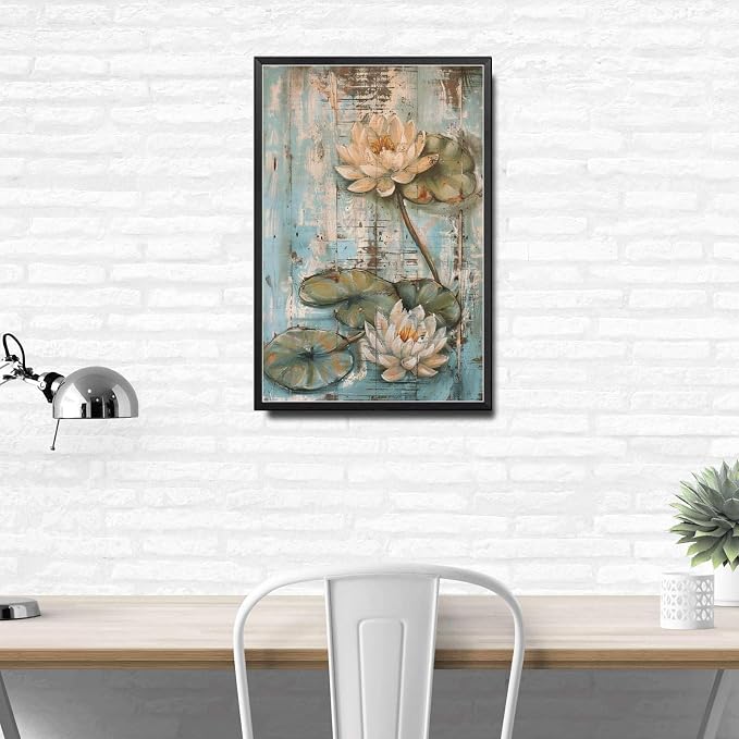 Metal Sign Tin Sign Vintage Wall Art Shabby Chic Water Lilies Tin Sign for Antique Pond Serenity Rustic Wall Art and Distressed Wood P Home Decor for Club 12×16 Inches with Metal Frame
