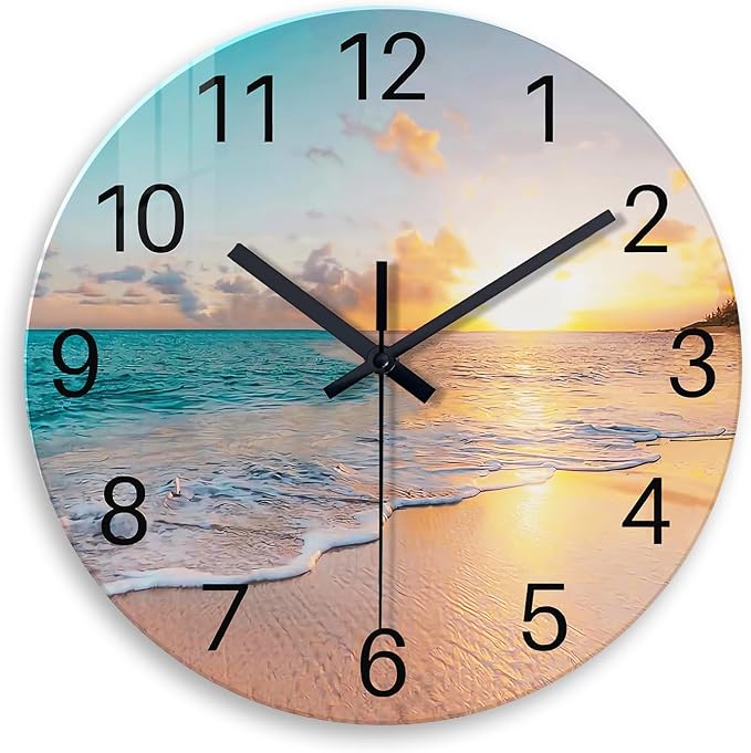 Glass Coastal Wall Clocks Battery Operated 14 Inch | Analog Round Wall Clock for Living Room Office Decor Blue Beach Wall Clock Silent Non Ticking