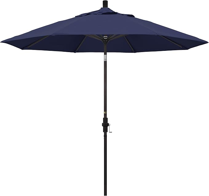 California Umbrella 9' Round Aluminum Market Umbrella, Crank Lift, Collar Tilt, Bronze Pole, Navy Blue Olefin
