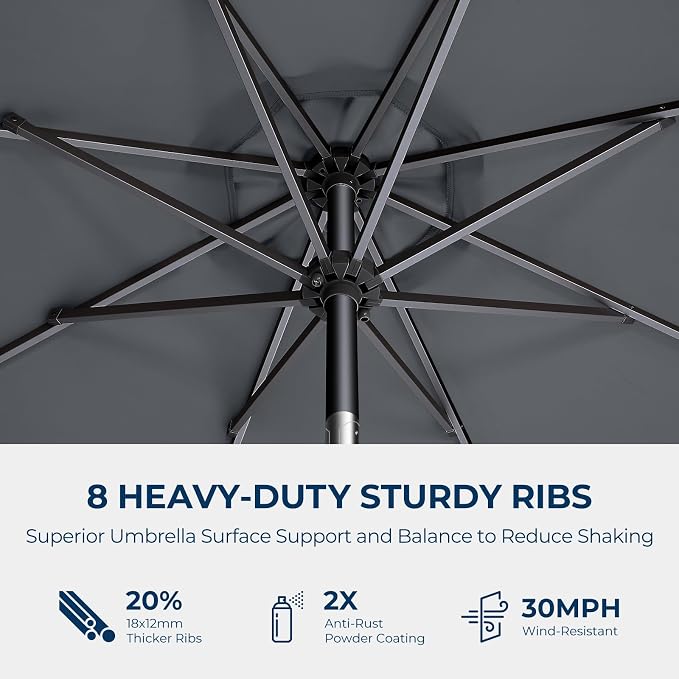 HOMSHADE 9ft Outdoor Patio Umbrella - UPF50+ UV Protection Market Patio Table Umbrella with Push Button Tilt, Crank and 8 Sturdy Ribs for Pool Deck and Garden (Grey, No base)