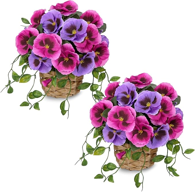 Briful Artificial Pansy Flowers in Baskets, 2PCS Realistic Fake Flowers for Farmhouse Table Decor, All Seasons Faux Indoor Flowers for Home Kitchen Living Room Dining Shelf Decor, Purplish-red