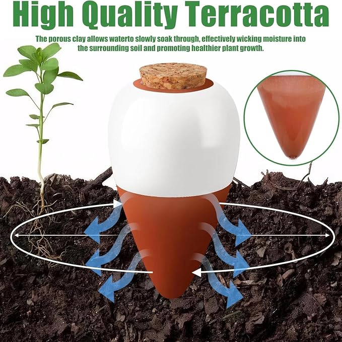 4 Pack Terracotta Watering Spikes, Plant Watering Devices Wine Bottle Automatic Plant Self Watering Spikes for Vacations, Clay Self-Watering Stakes for Indoor Outdoor Plants