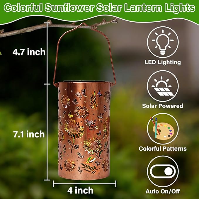 Colorful Solar Lanterns Outdoor Waterproof, Garden Decor Gifts for Women Mom Grandma - LED Colorful Sunflower Solar Powered Lights Metal Hanging Lantern for Outside Garden Patio Yard Lawn Porch Decor