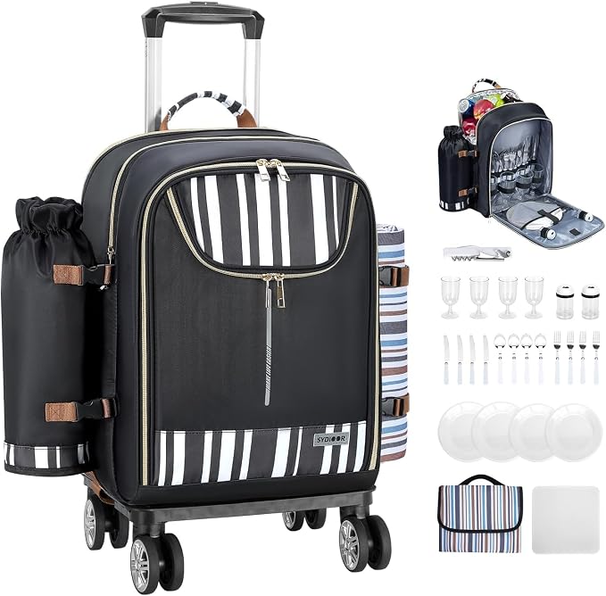 Trolley Picnic Backpack for 4 Person - Blanket & Tableware Set, Detachable Wine Pouch - Ideal for Beach, BBQ, Camping, Trip, Park, Gifts for Friends, Adventures, Patio, Lawn, Garden